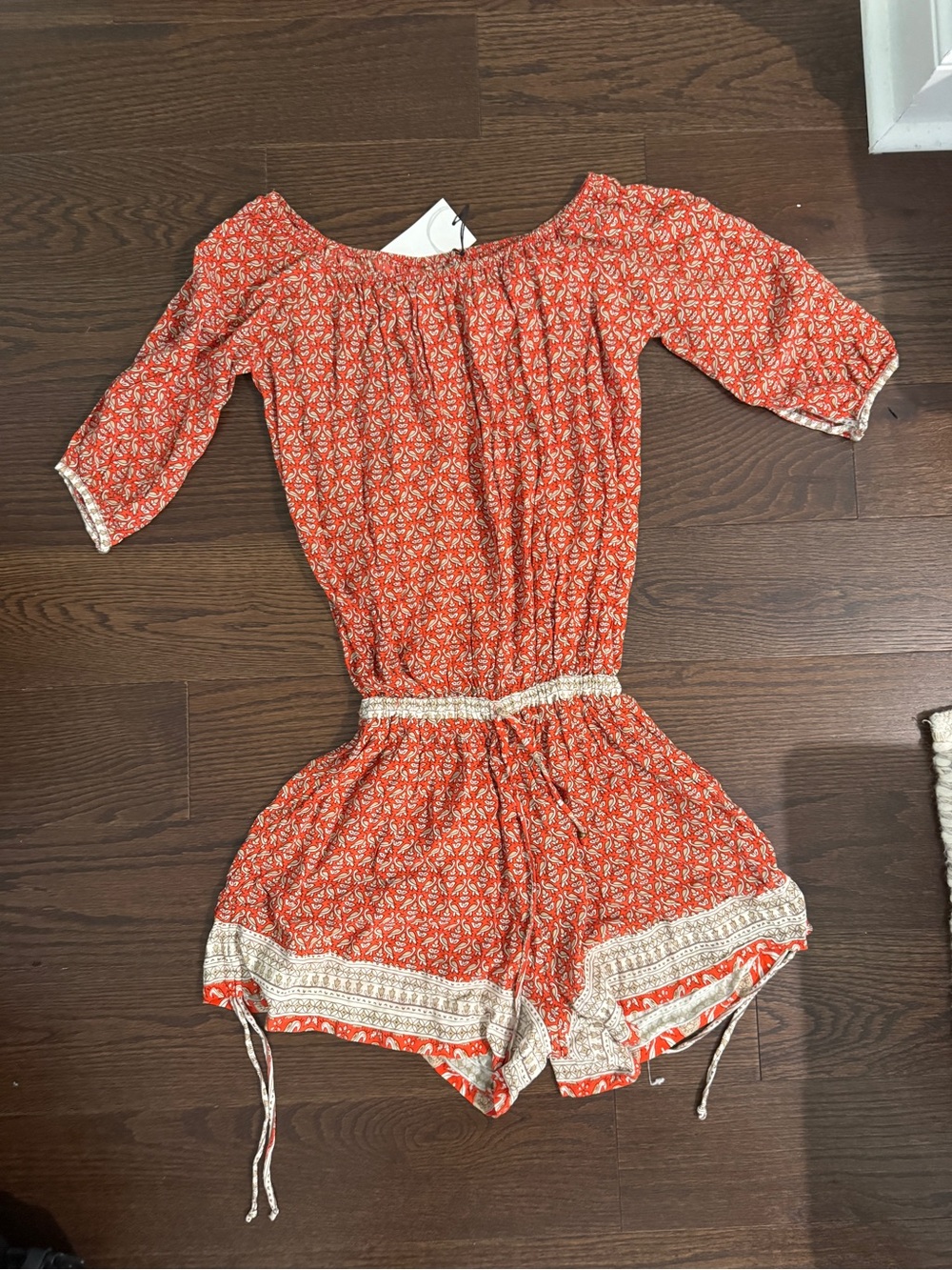 Faithfull the Brand Orange Printed Off-Shoulder Romper